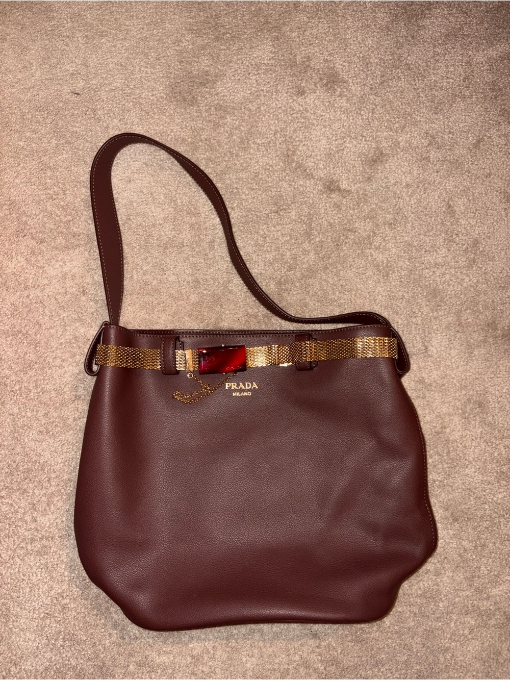 Prada Leather Jeweled Belt Bucket Bag Leather Bucket Bag in Brown